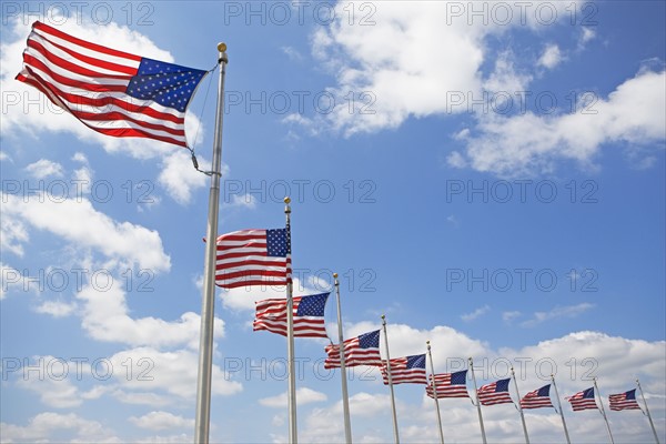 Low angle view of American flags. Date : 2008