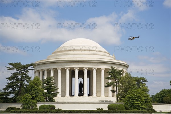 Helicopter flying over Jefferson Memorial, Washington DC, United States. Date : 2008