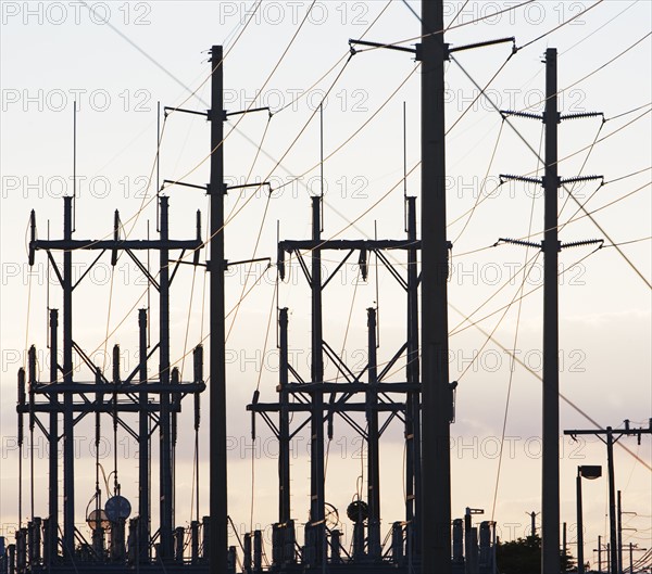 Low angle view of power lines on poles. Date : 2008