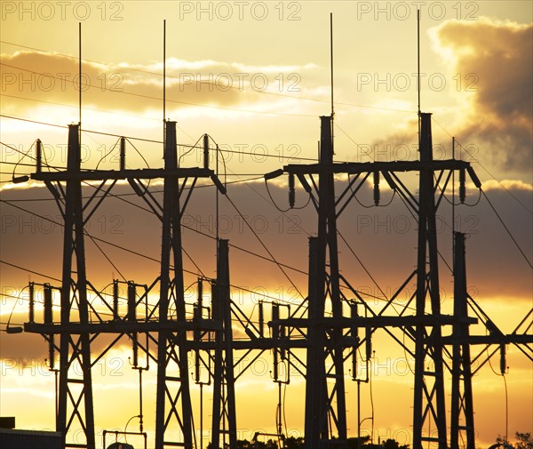 Low angle view of power lines on poles. Date : 2008