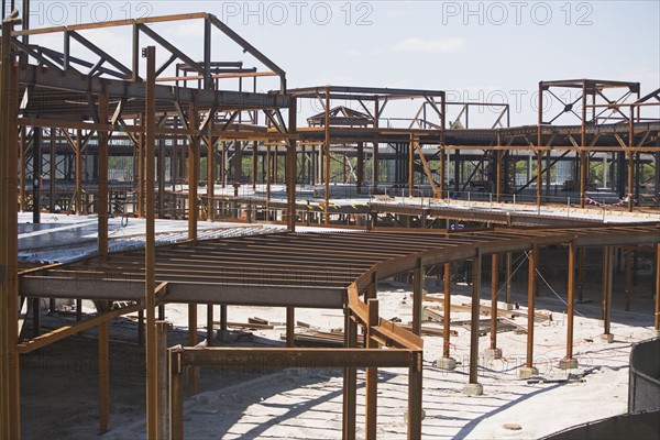 Steel beam frames at construction site. Date : 2008