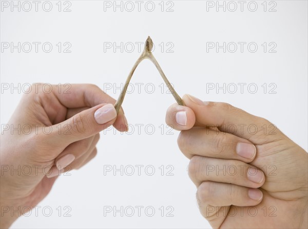 Close up of couple pulling wishbone.