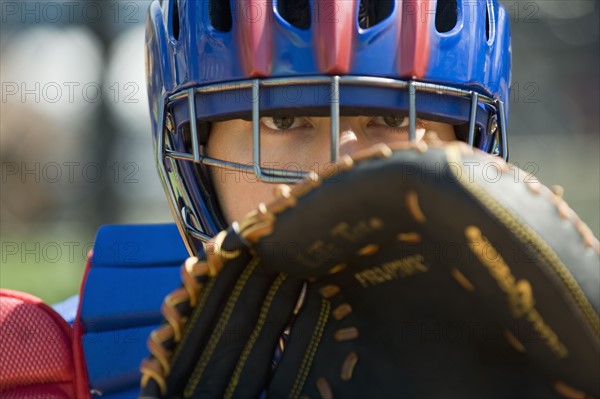 Close up of baseball catcher.