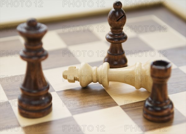 Chess pieces surrounding fallen king. Date : 2008