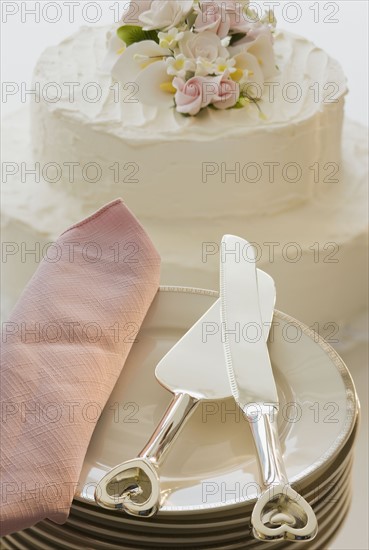 Wedding cake and stack of plates.