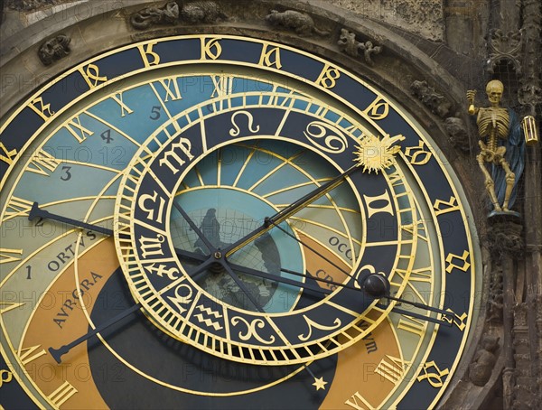 Close up of astrological clock.