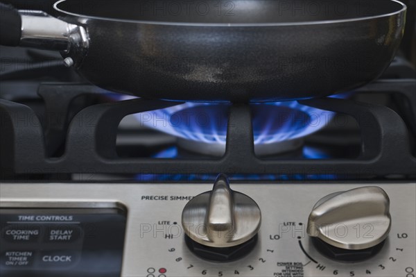 Close up of skillet on gas stove.