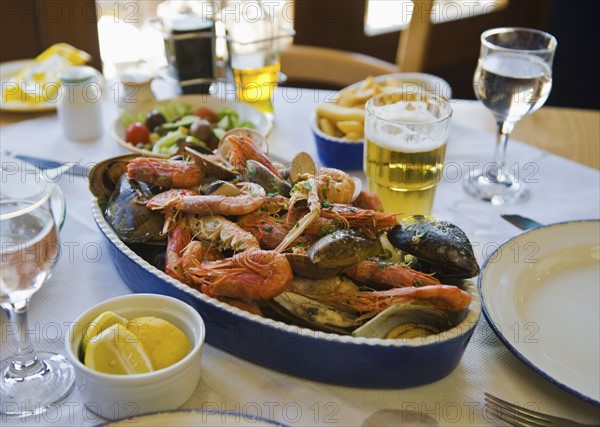 Mixed seafood on restaurant table.