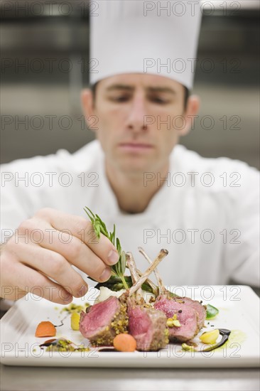 Chef arranging plate of food. Date : 2008