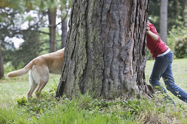 Girl playing hide and seek with dog. Date : 2008