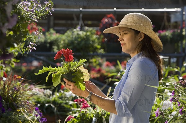 Woman shopping for flowers. Date : 2008