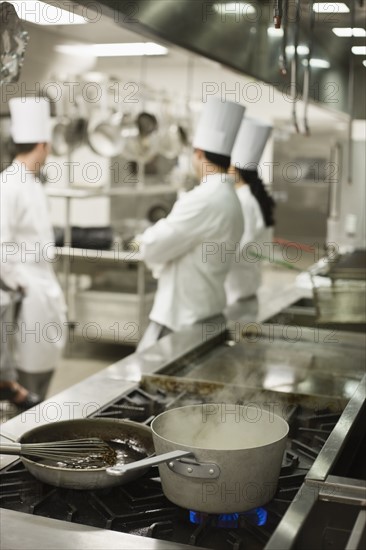 Chefs talking in kitchen. Date : 2008