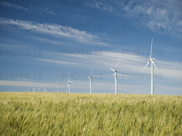 Windmills in a row on wind farm. Date : 2008