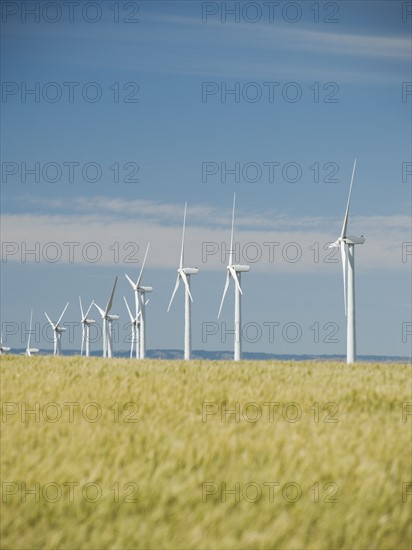 Windmills in a row on wind farm. Date : 2008