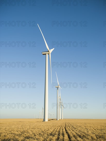 Row of windmills on wind farm. Date : 2008