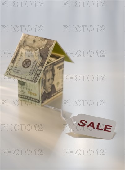 Sale tag attached to miniature house made of twenty dollar bills.