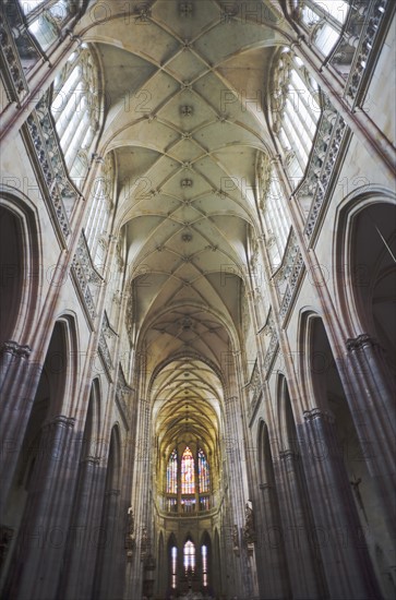 Vaulted gothic ceiling of Saint Vitus Cathedral in Prague.