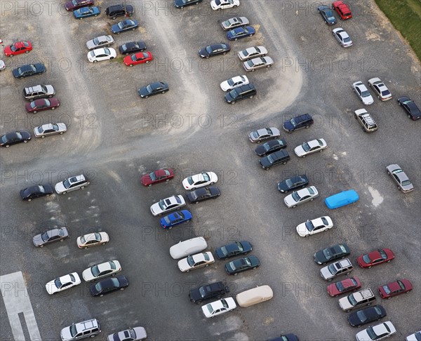 Aerial view of cars in parking lot. Date: 2008