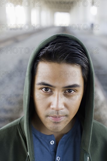 Close up of man wearing hoody. Date : 2008