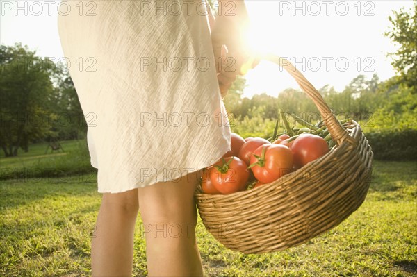 Woman holding basket of fresh tomatoes. Date : 2008