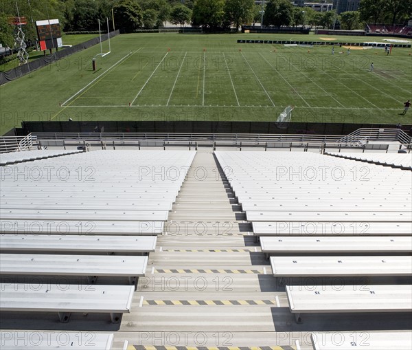 View of football field from empty bleachers. Date : 2008