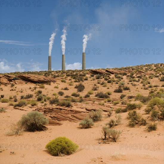 Smokestacks of power plant on Navajo reservation in Arizona.