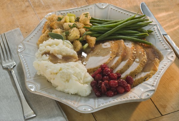 Thanksgiving dinner on plate.