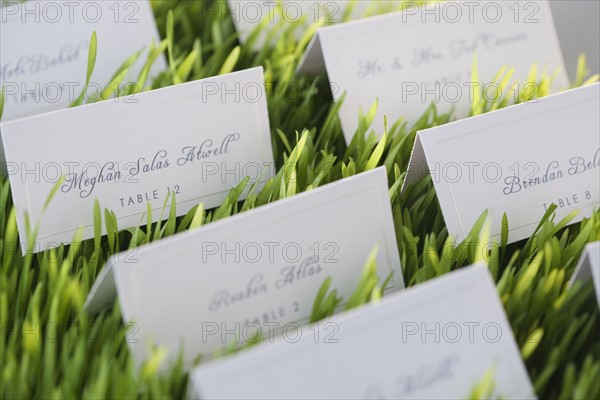 Wedding table place cards and glasses of wine. Photographe : Jamie Grill