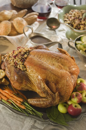 Thanksgiving dinner on table.