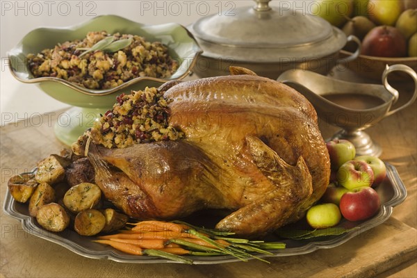 Thanksgiving dinner on table.