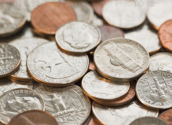 Close up of stack of coins. Photographe : Christopher Grill