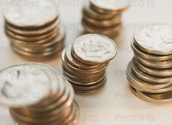 Close up of stacks of coins. Photographe : Christopher Grill