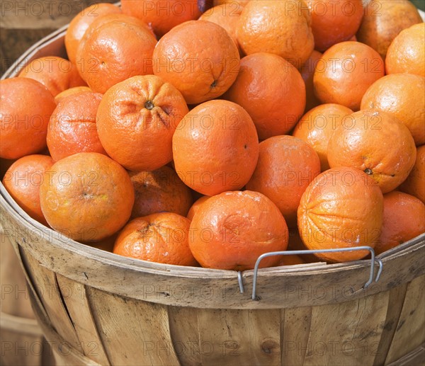 Oranges in a basket at a fruit stand. Photographe : fotog