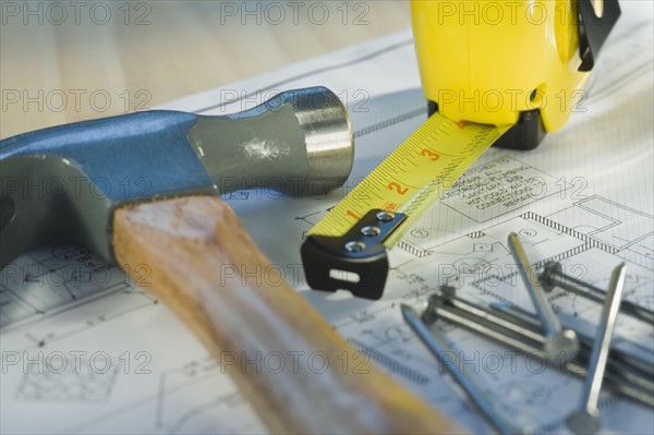 Close up of blueprint and tools. Photographe : Daniel Grill