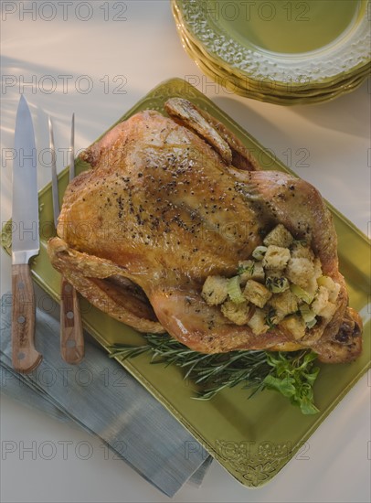 Thanksgiving turkey on table.