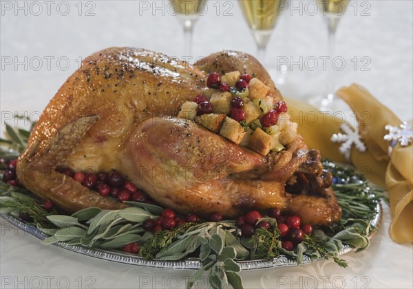 Thanksgiving turkey on decorated platter.