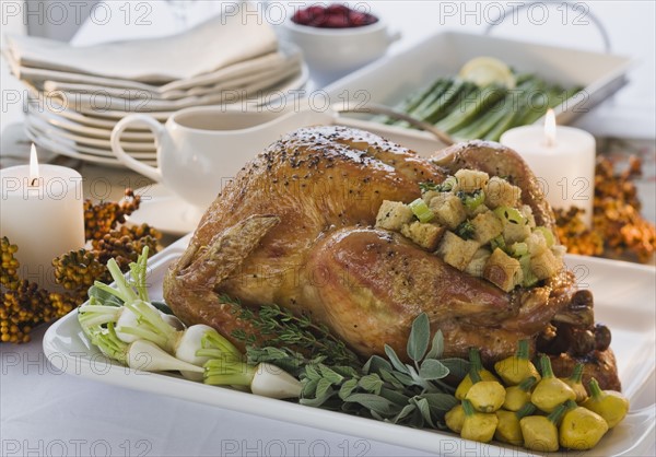 Thanksgiving dinner on table.