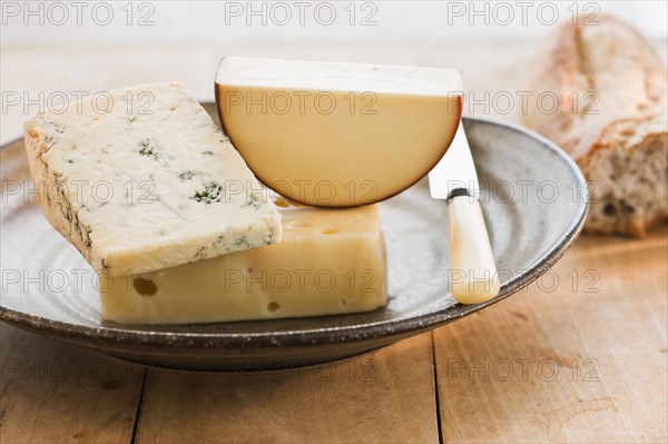 Pieces of cheese with grapes on background.