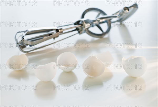 Wire whisk and eggshells.