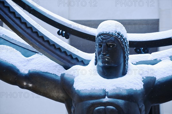 Statue of Atlas at Rockefeller Center in winter, Manhattan, New York City, New York, USA.