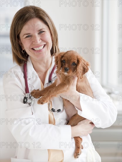 Vet holding puppy.