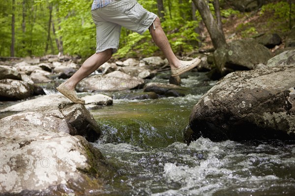 A man at a stream in the woods