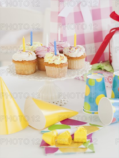 Birthday decorations and cupcakes