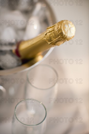 Champagne in a bucket with glasses.