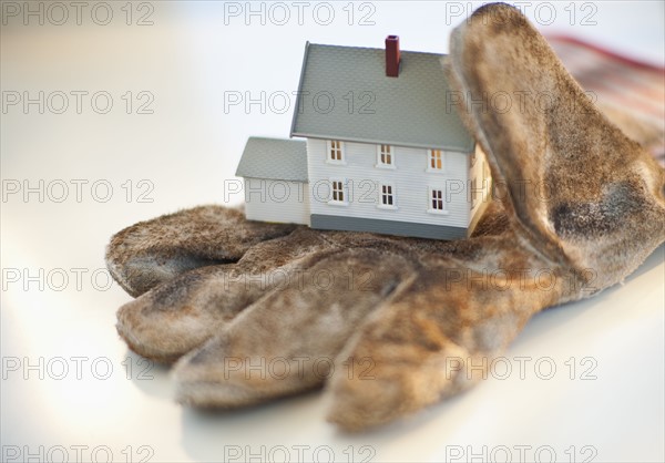 A glove with a toy house.
