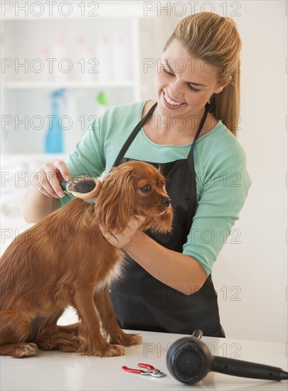 Woman grooming dog.