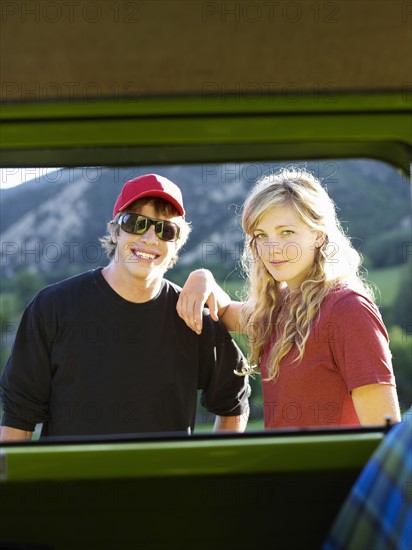 Couple looking through window