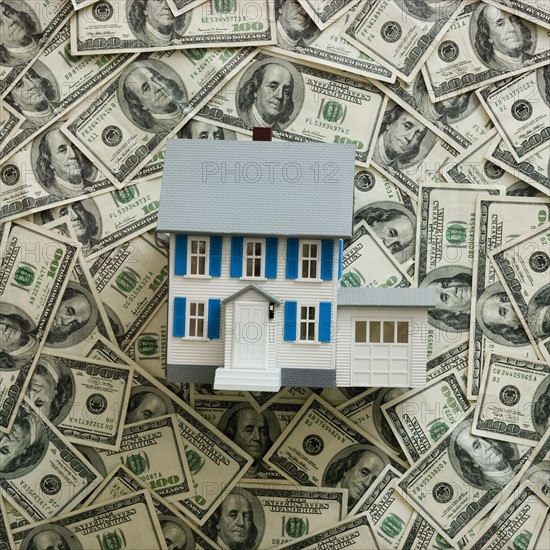 Symbolic house wtih US dollars as background