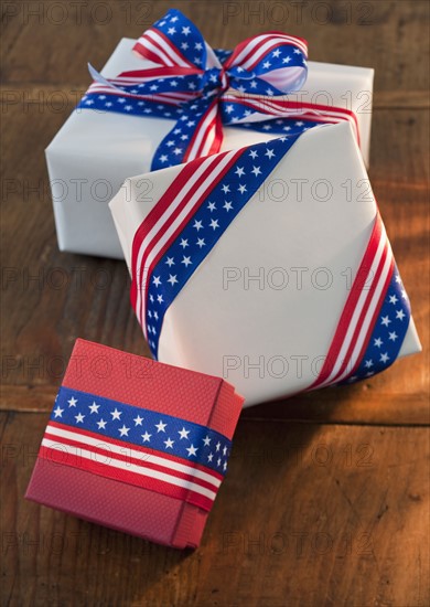 Gifts wrapped with Americana ribbons.