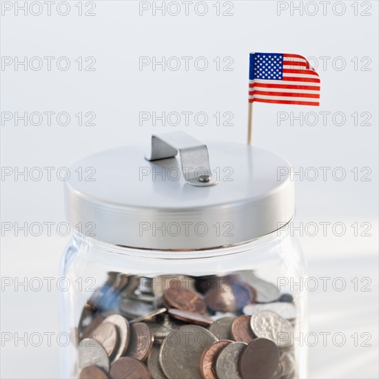 Coins in jar.